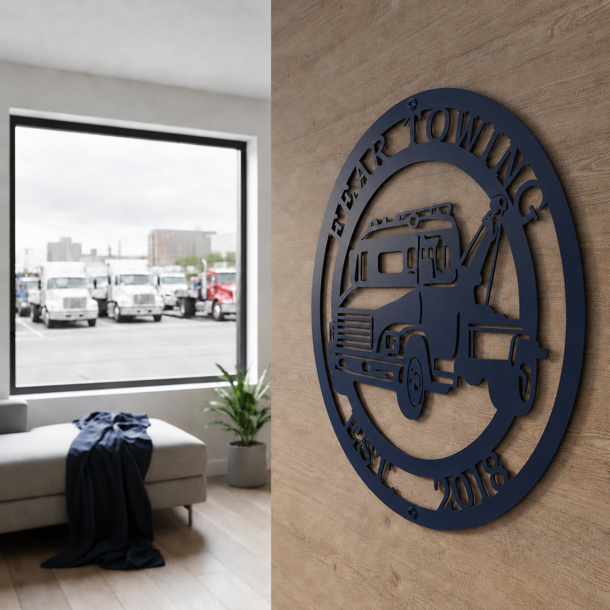 Textured navy blue finish of the custom circular tow truck family sign with text Fear Towing, styled on a wood-veneered divider wall inside a lounge area looking out onto a parking lot of white semi-trucks.