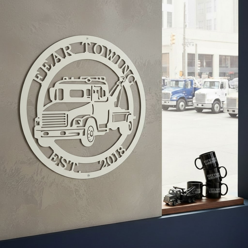 white customized round metal towing business sign reading Fear Towing, displayed on an indoor textured wall above a light grey armchair with a blue throw blanket.