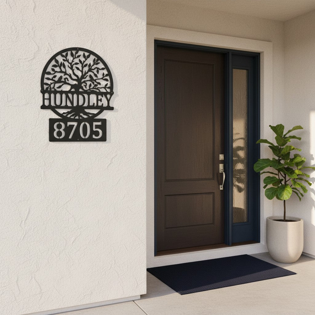Custom Black Bronze metal address sign featuring a tree design, family name Hundley, and house number 8705 displayed beside a modern front entry door.