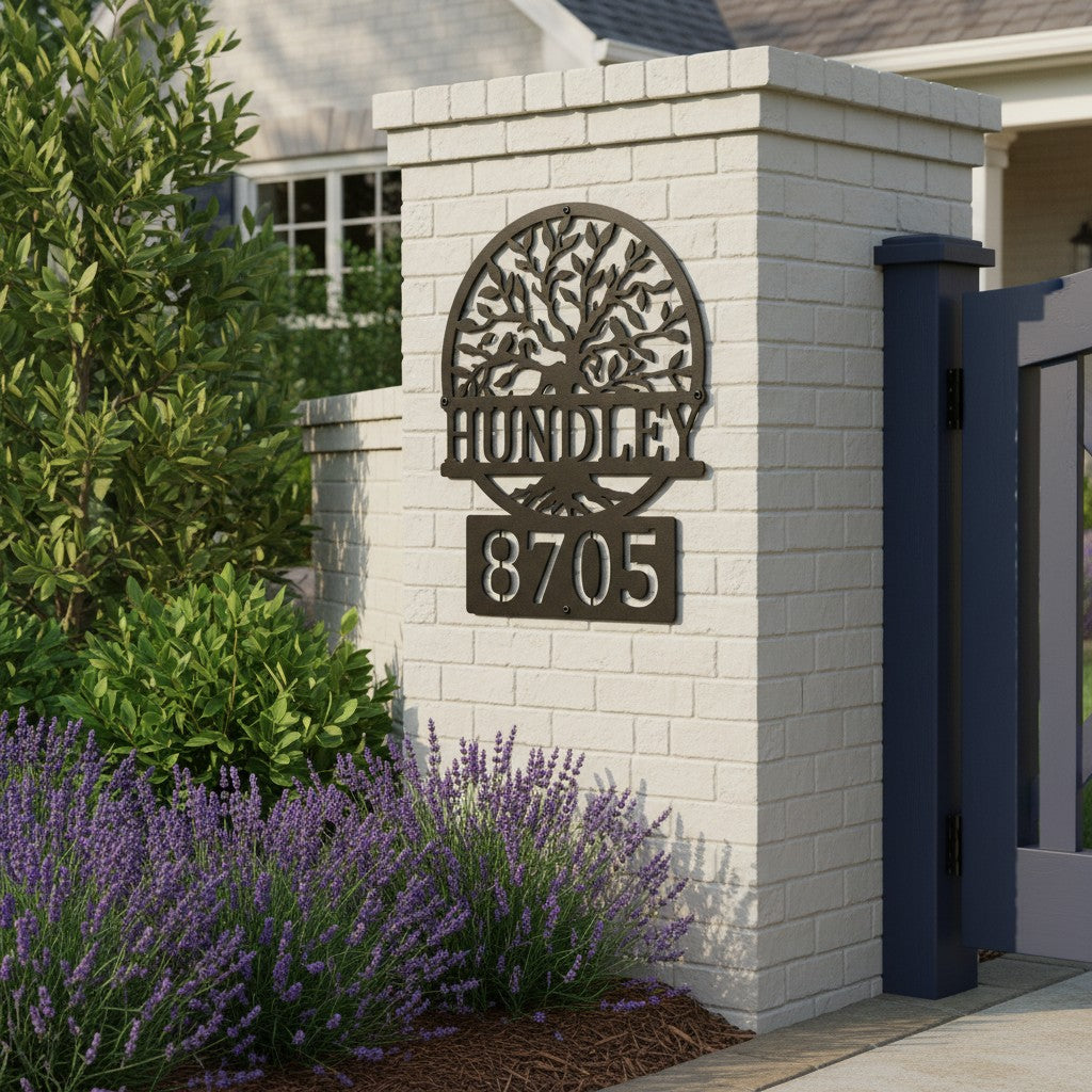 Custom Black Bronze metal address sign featuring a tree design, family name Hundley, and house number 8705 mounted on a brick entry column near a garden gate.