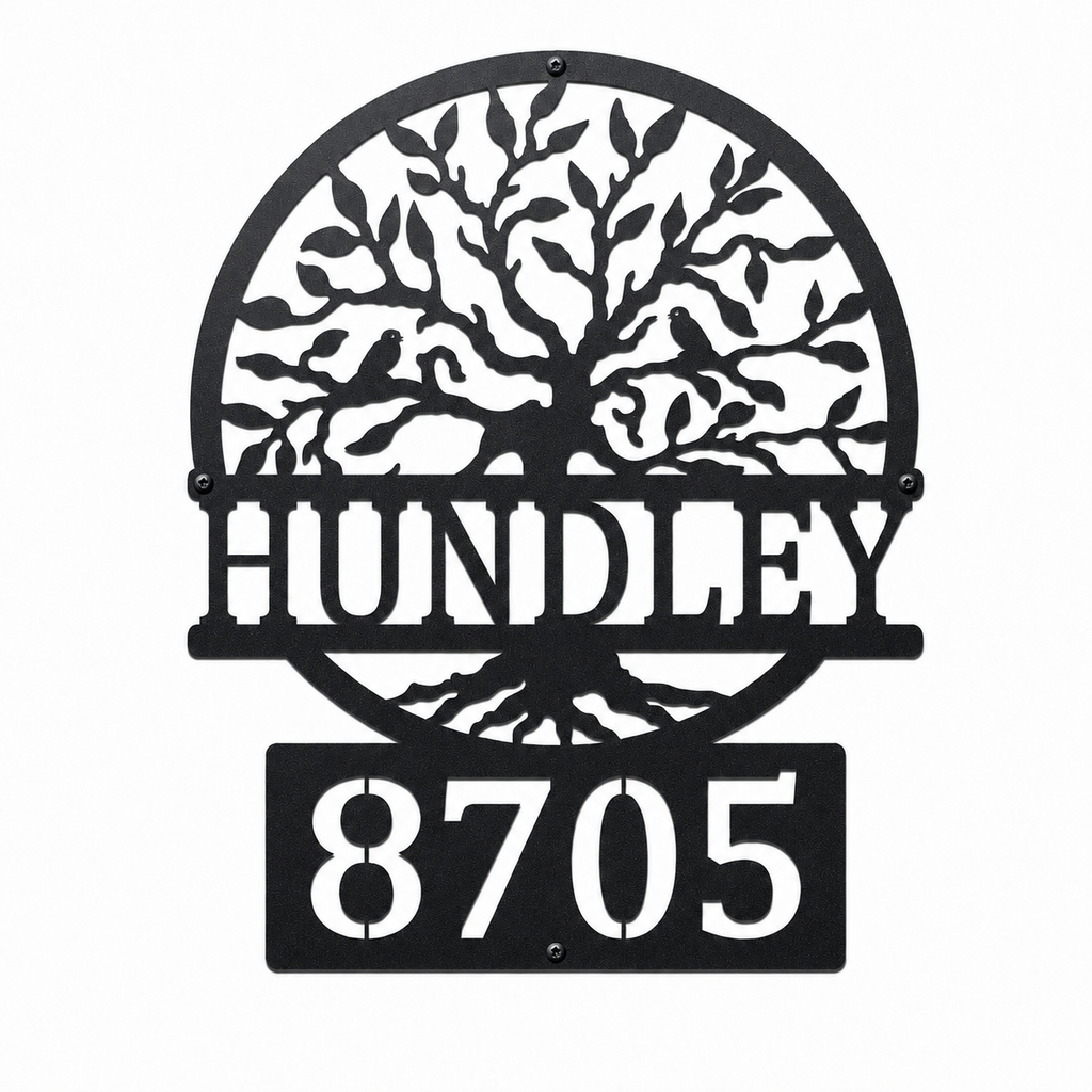 Custom black metal address sign featuring a tree design, family name Hundley, and house number 8705 on a white background.