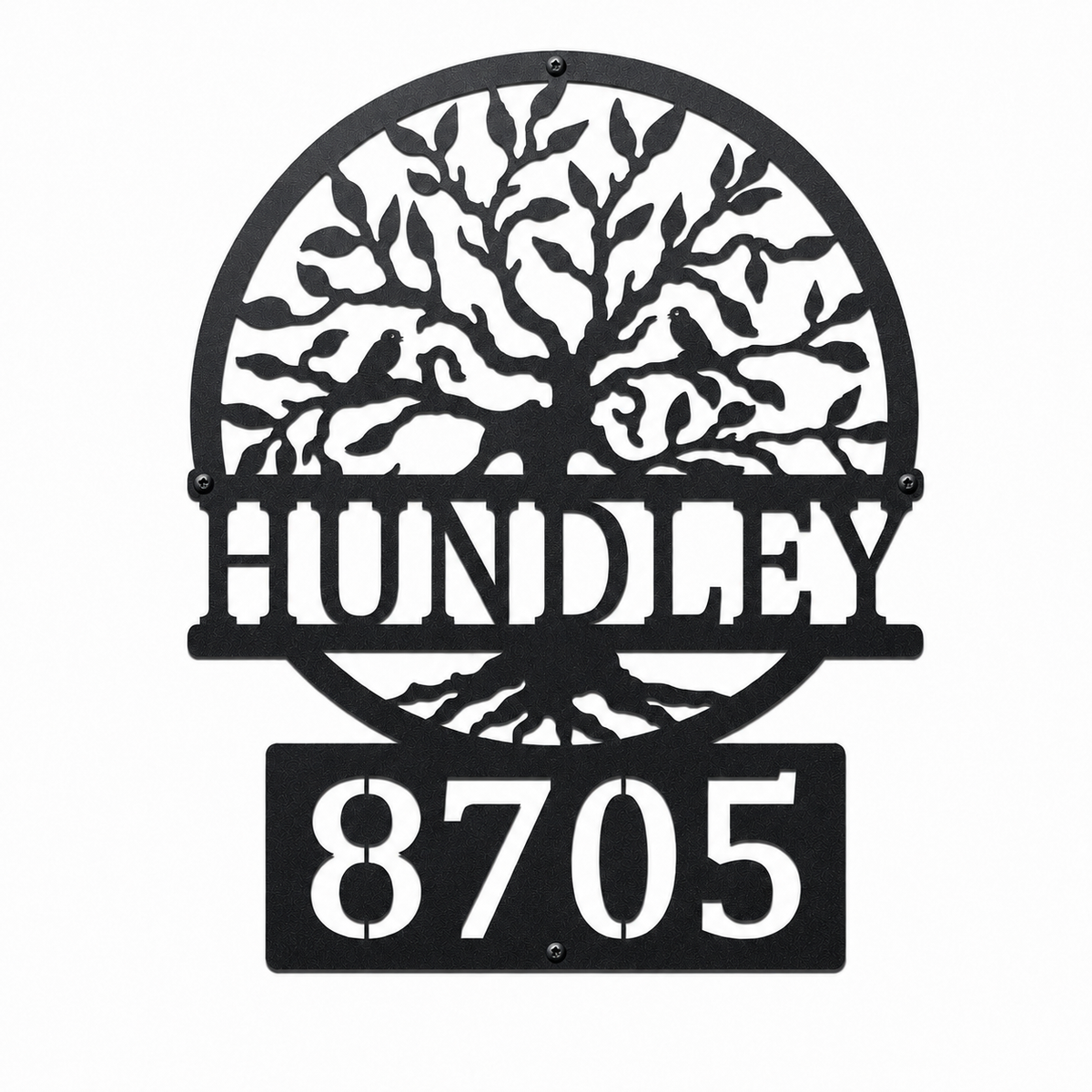 Custom black metal address sign featuring a tree design, family name Hundley, and house number 8705 on a white background.