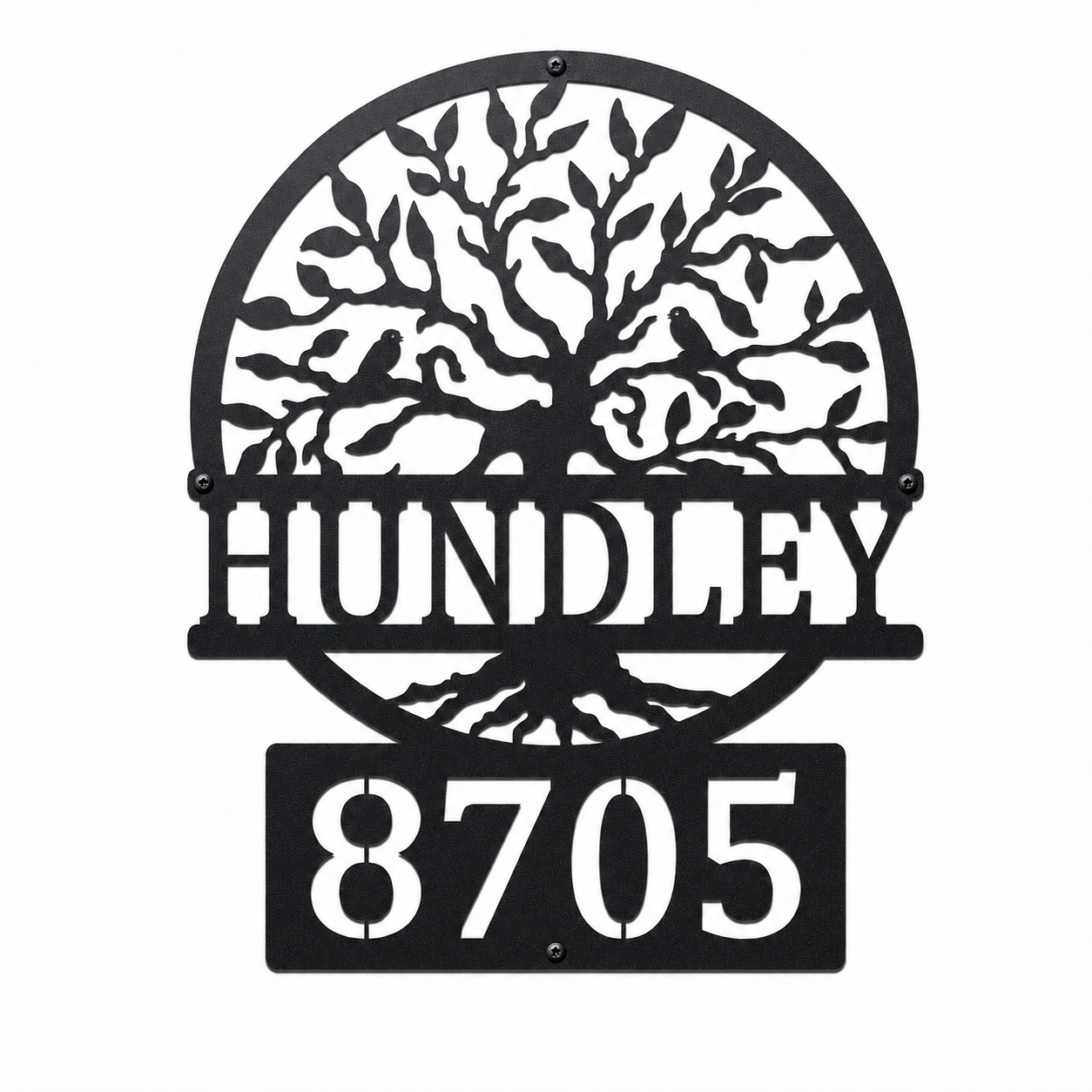 Custom black metal address sign featuring a tree design, family name Hundley, and house number 8705 on a white background.