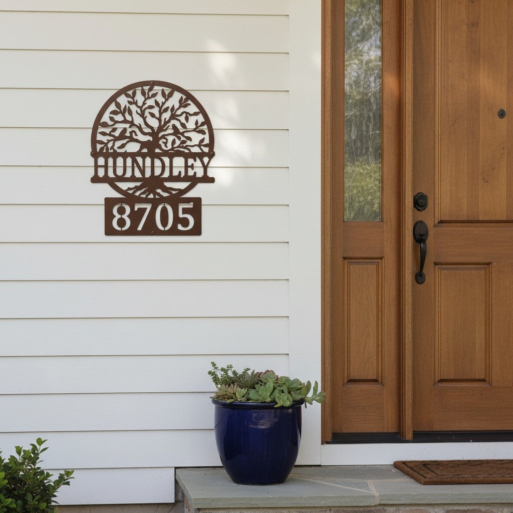 Custom Espresso metal address sign featuring a tree design, family name Hundley, and house number 8705 mounted on white exterior siding near a front door.