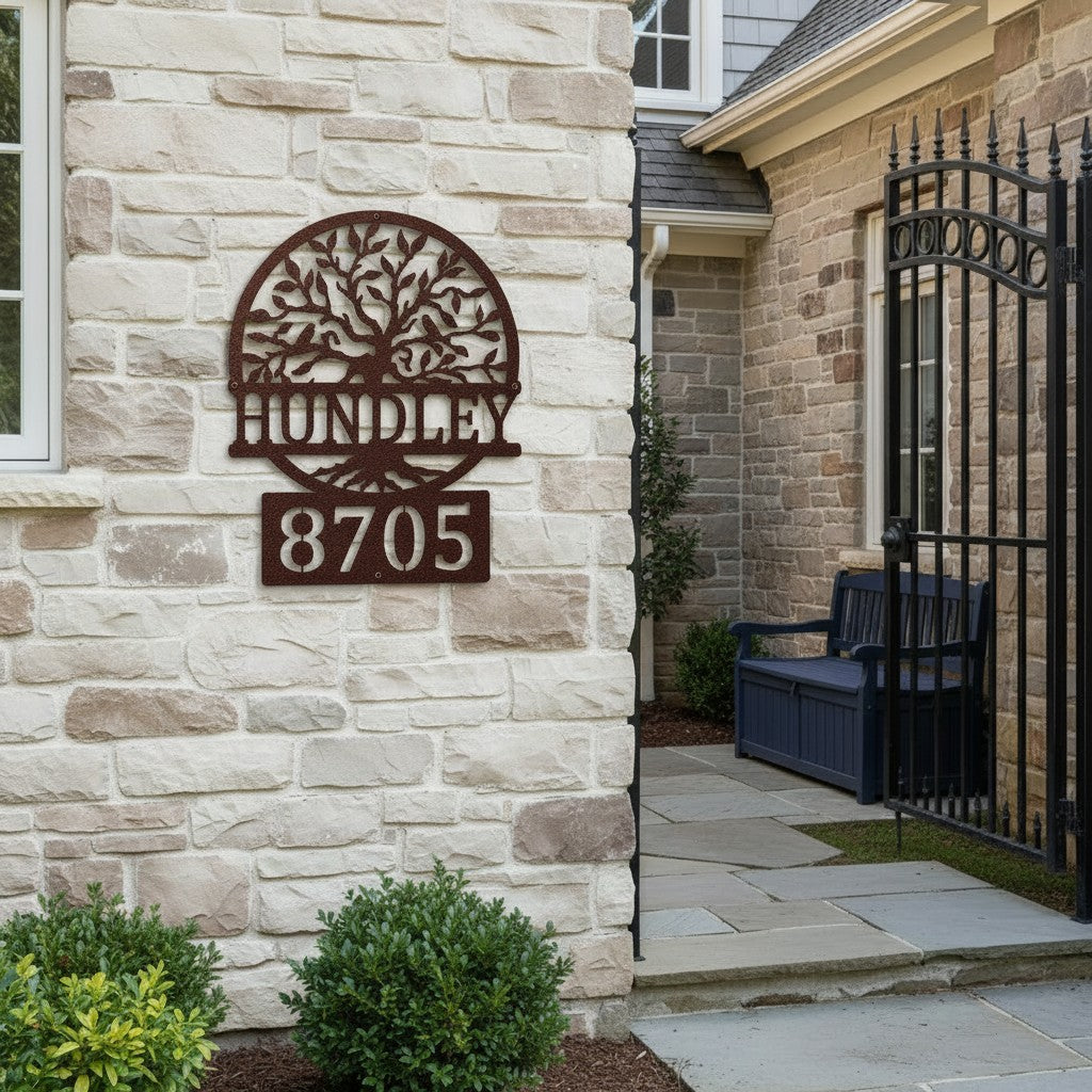 Custom Hammered Bronze metal address sign featuring a tree design, family name Hundley, and house number 8705 displayed on a stone exterior wall.
