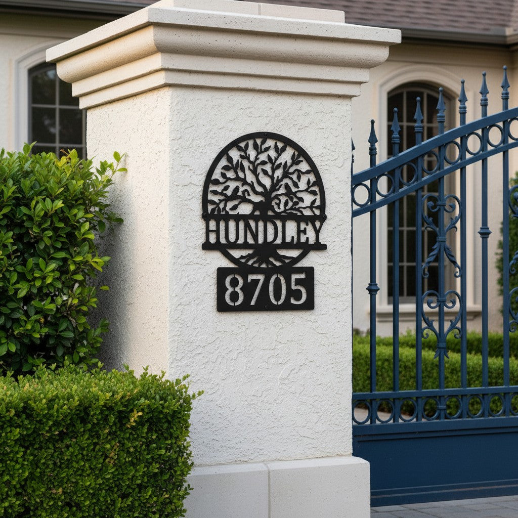 Custom Satin Black metal address sign featuring a tree design, family name Hundley, and house number 8705 mounted on a decorative entry pillar near a wrought iron gate.
