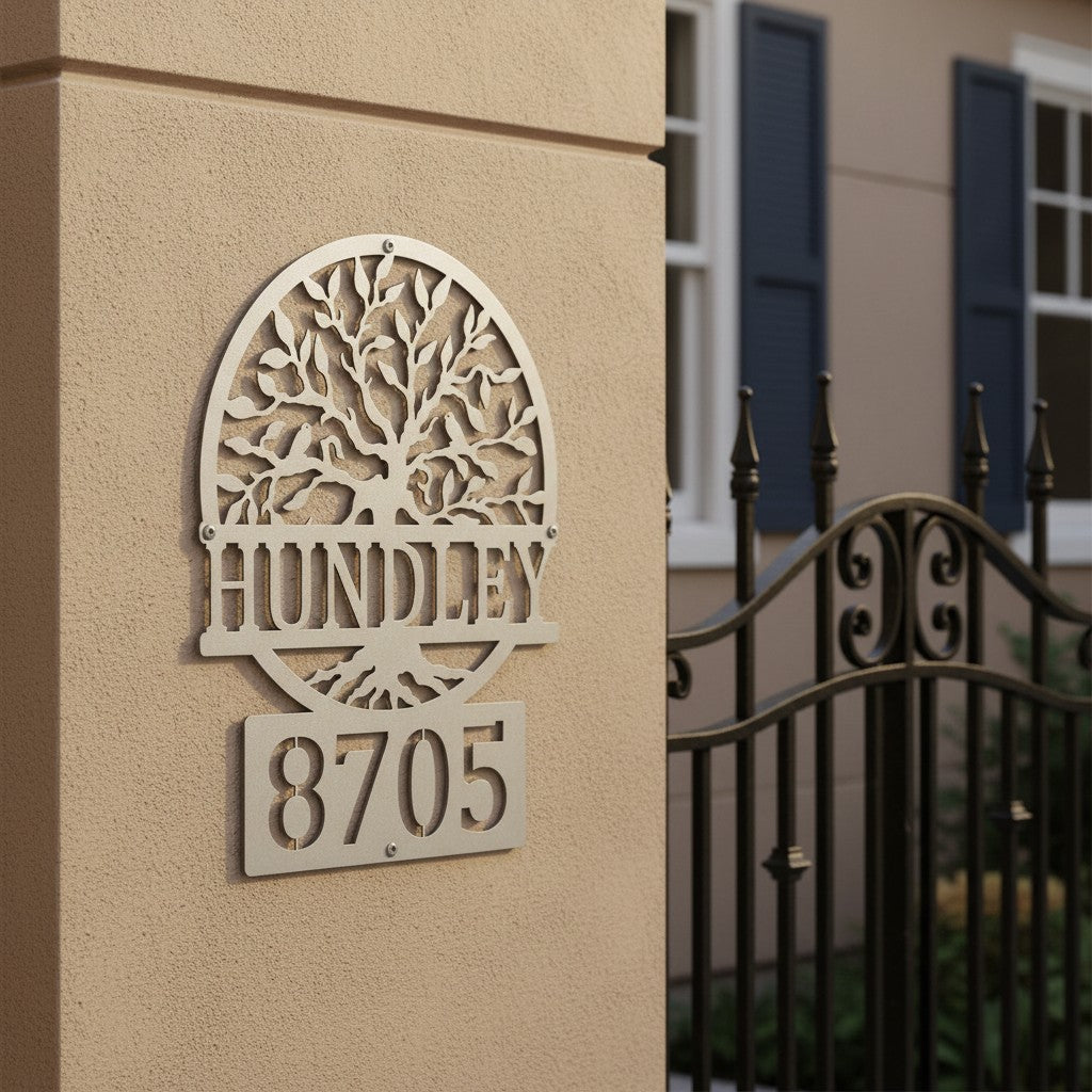 Custom Satin Silver metal address sign featuring a tree design, family name Hundley, and house number 8705 mounted on a stucco entry pillar.