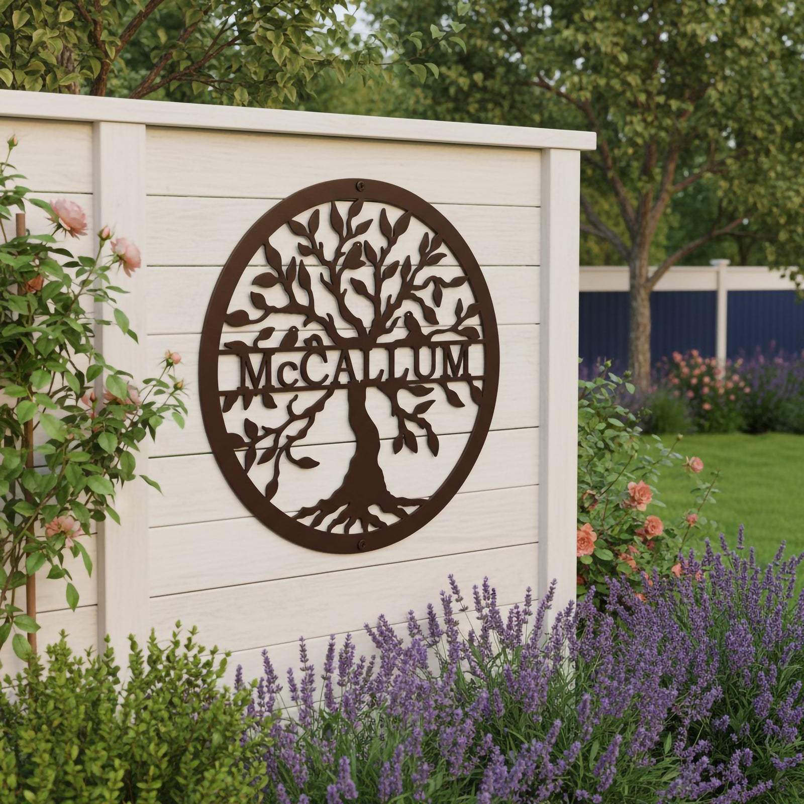 Custom brown laser-cut metal family name sign featuring a tree of life with birds, reading McCallum, hanging on a white wooden horizontal slat fence surrounded by lavender flowers.
