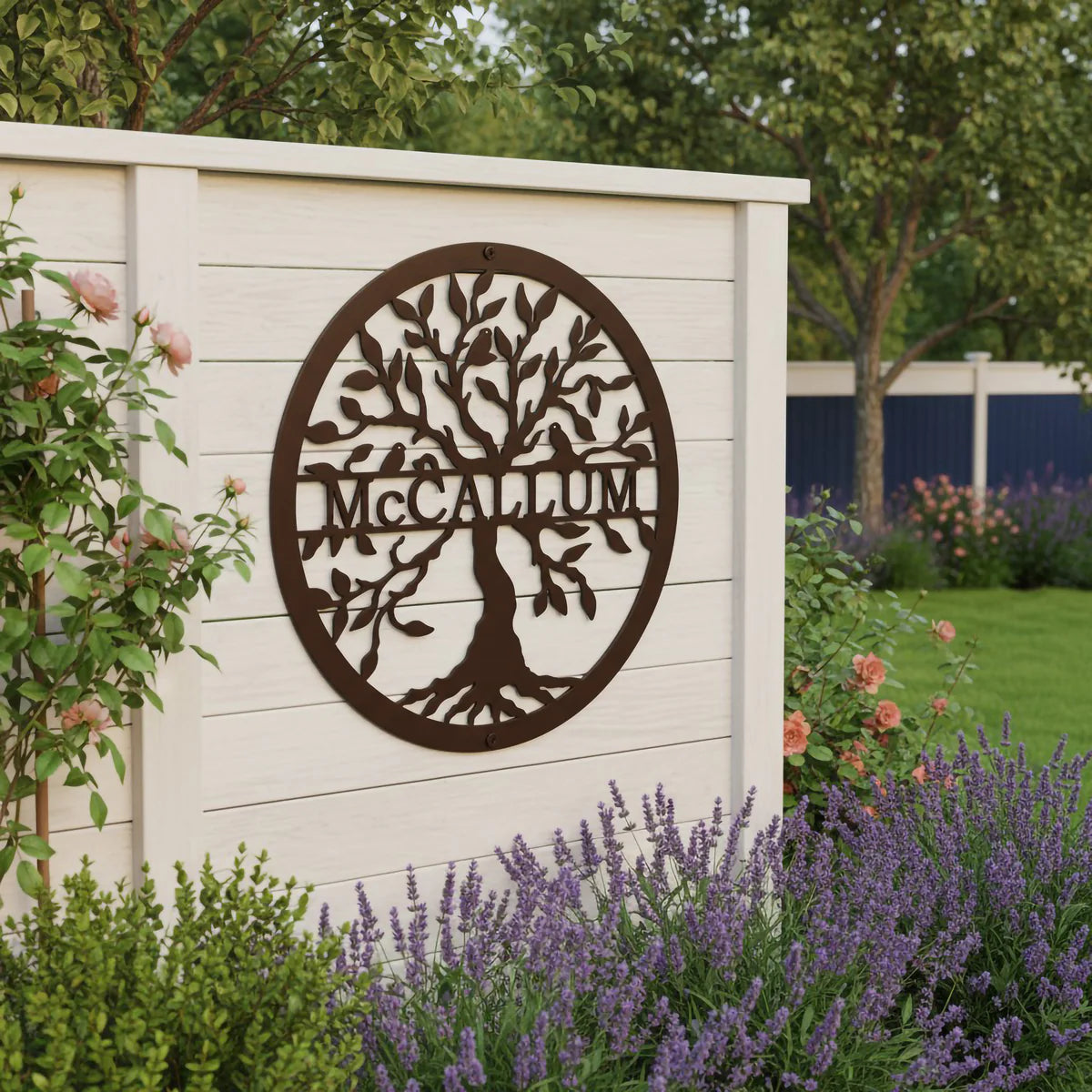 Decoración de pared metálica de árbol de la vida personalizada – Arte exterior con nombre familiar personalizado
