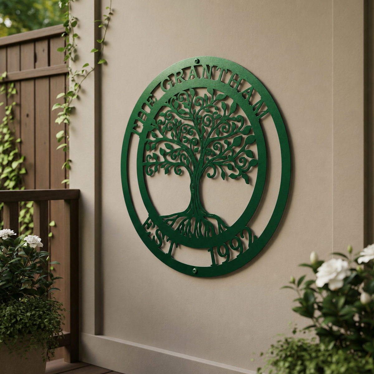 A rich forest green powder-coated circular metal sign featuring a laser-cut Tree of Life cutout with sprawling roots. The name "THE GRANTHAMS EST. 1992" frames the circular border. The plaque is hung on an outdoor beige patio wall flanked by white flowering bushes and a brown wooden fence.