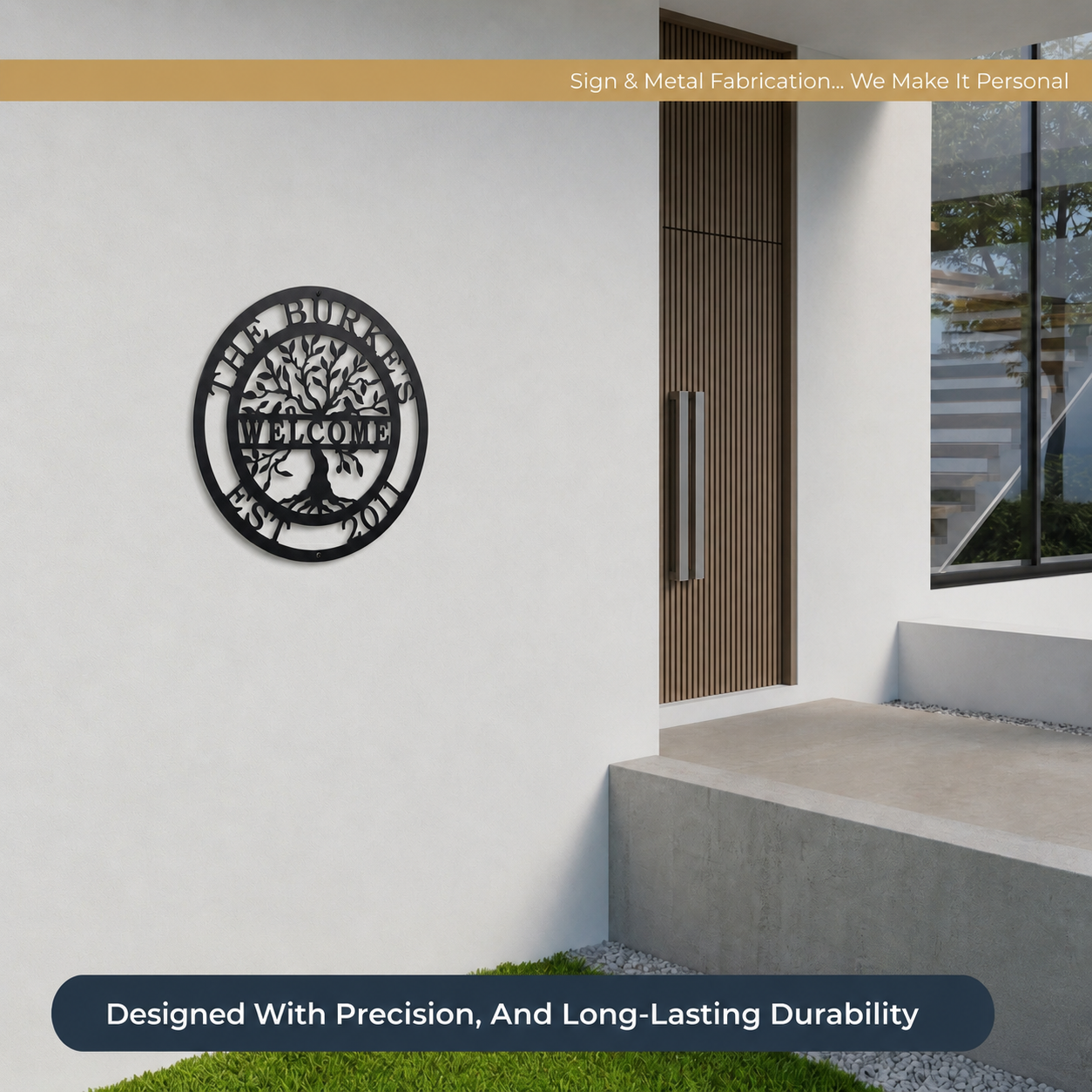 Custom metal family welcome plaque with tree of life design and established date displayed beside modern entryway
