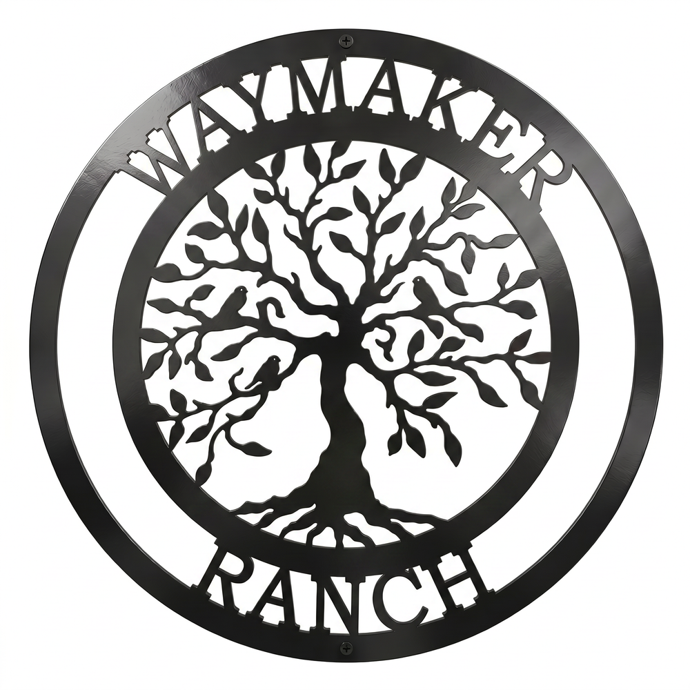 Flat view of a black, custom round metal sign featuring a tree of life silhouette with birds, personalized with "Waymaker Ranch" cut out along the top and bottom borders.