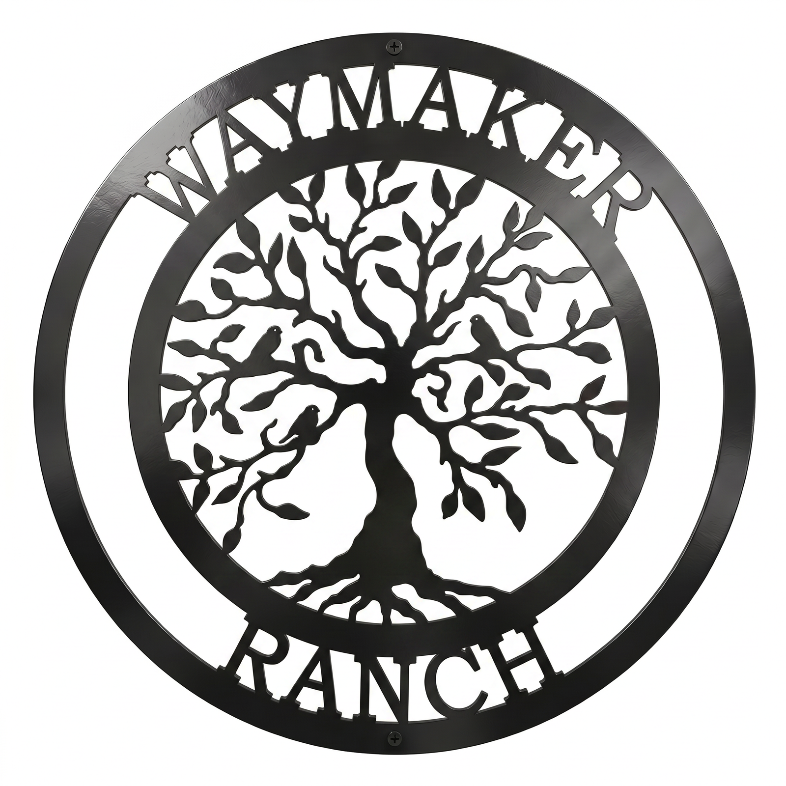 Flat view of a black, custom round metal sign featuring a tree of life silhouette with birds, personalized with "Waymaker Ranch" cut out along the top and bottom borders.
