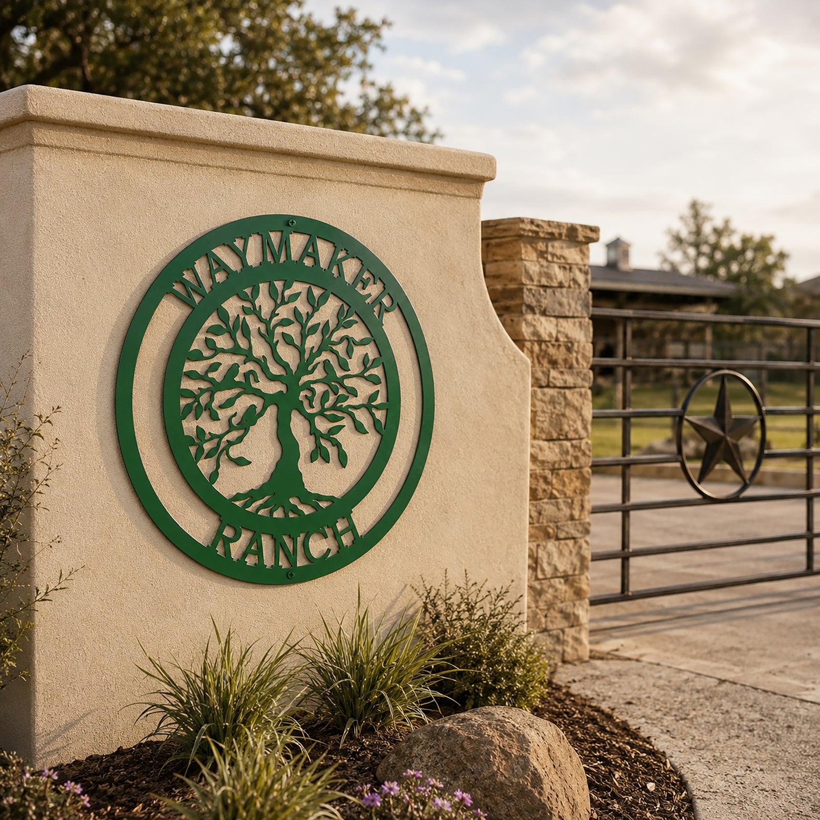Emerald green custom metal ranch sign featuring a tree of life and "Waymaker Ranch" text, mounted outdoors on a stucco pillar next to a metal ranch driveway gate.