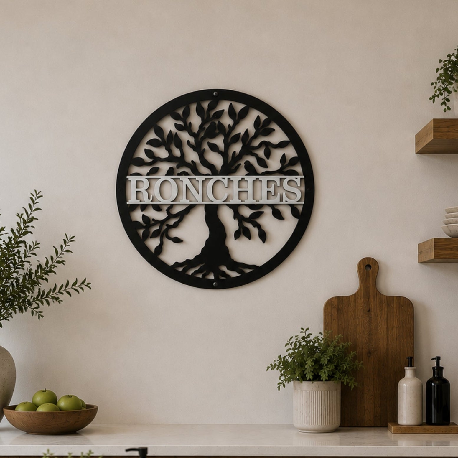 Custom tree of life metal wall sign with family name displayed above modern farmhouse kitchen counter with rustic decor
