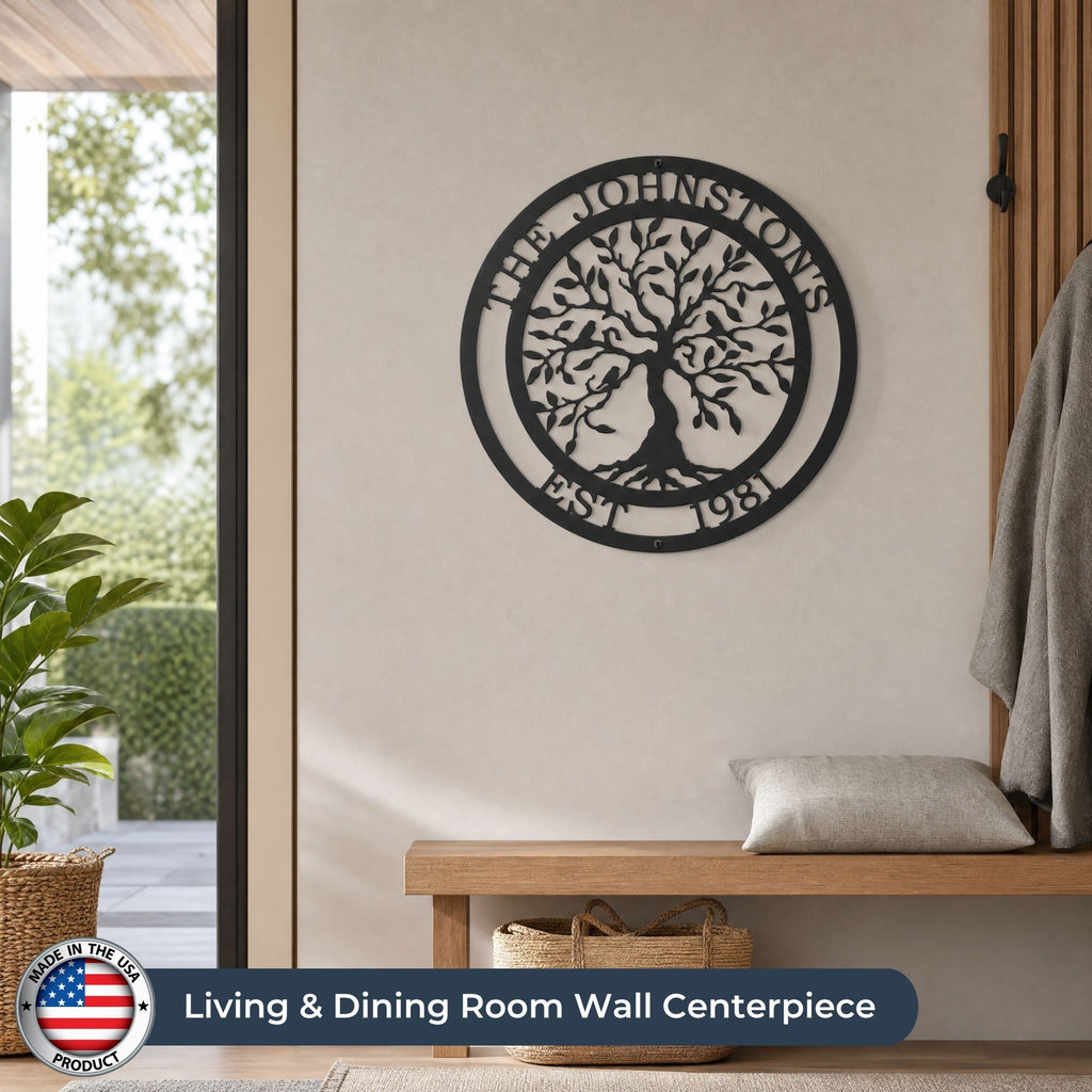 Custom tree of life metal wall sign with family name and est 1987 displayed above wooden entryway bench