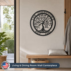 Custom tree of life metal wall sign with family name and est 1987 displayed above wooden entryway bench