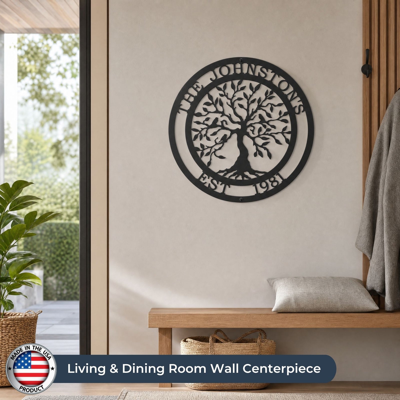 Custom tree of life metal wall sign with family name and est 1987 displayed above wooden entryway bench