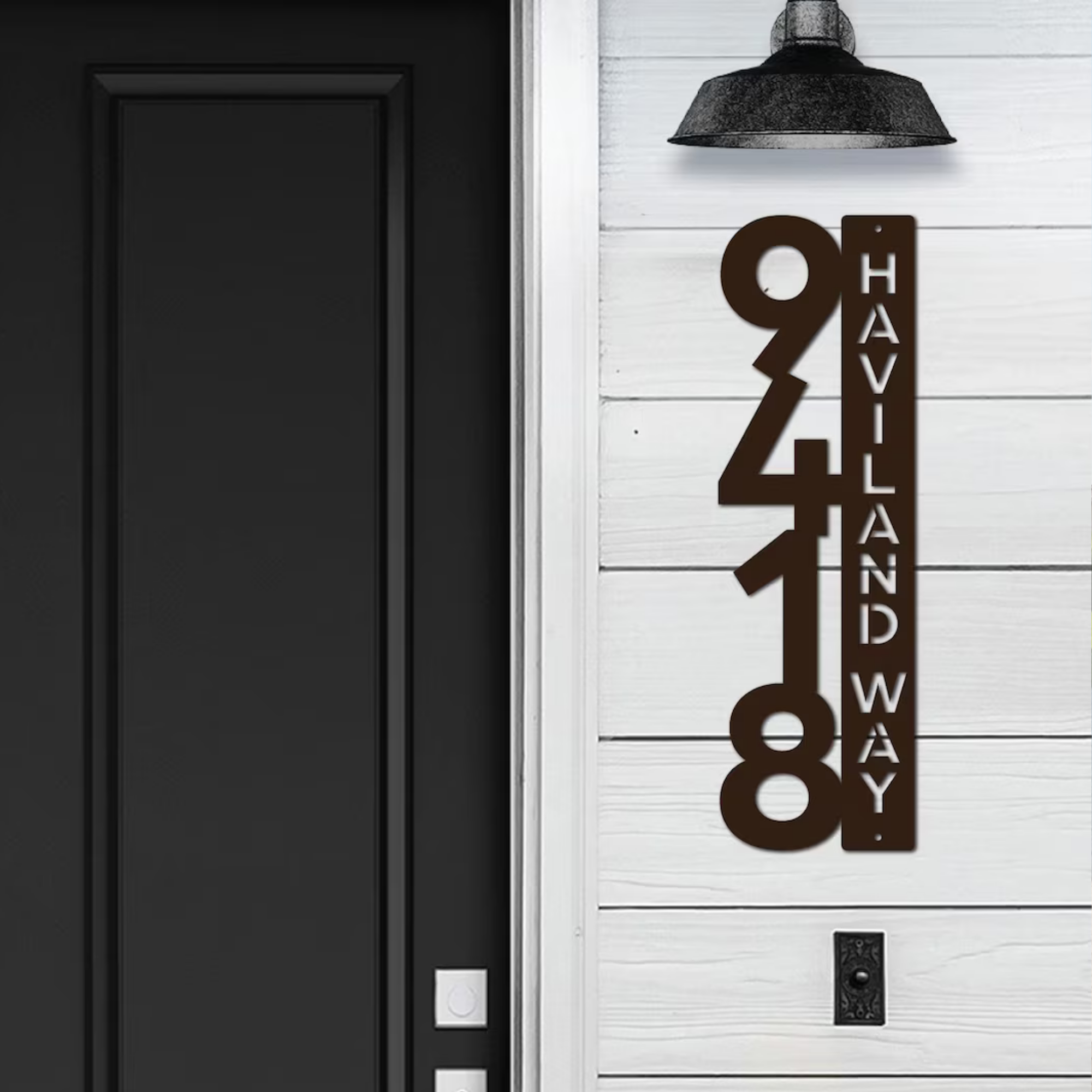 House number sign on white wall next to black door, modern outdoor address plaque, HouseSensationsArt