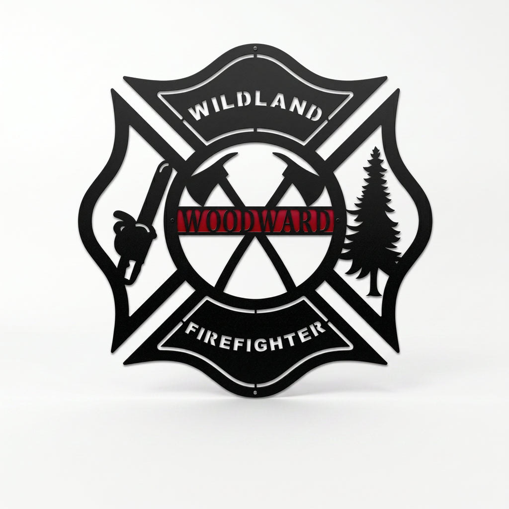 Black wildland firefighter metal sign with custom Woodward name and crossed firefighting tools on white background
