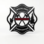 Black wildland firefighter metal sign with custom Woodward name and crossed firefighting tools on white background