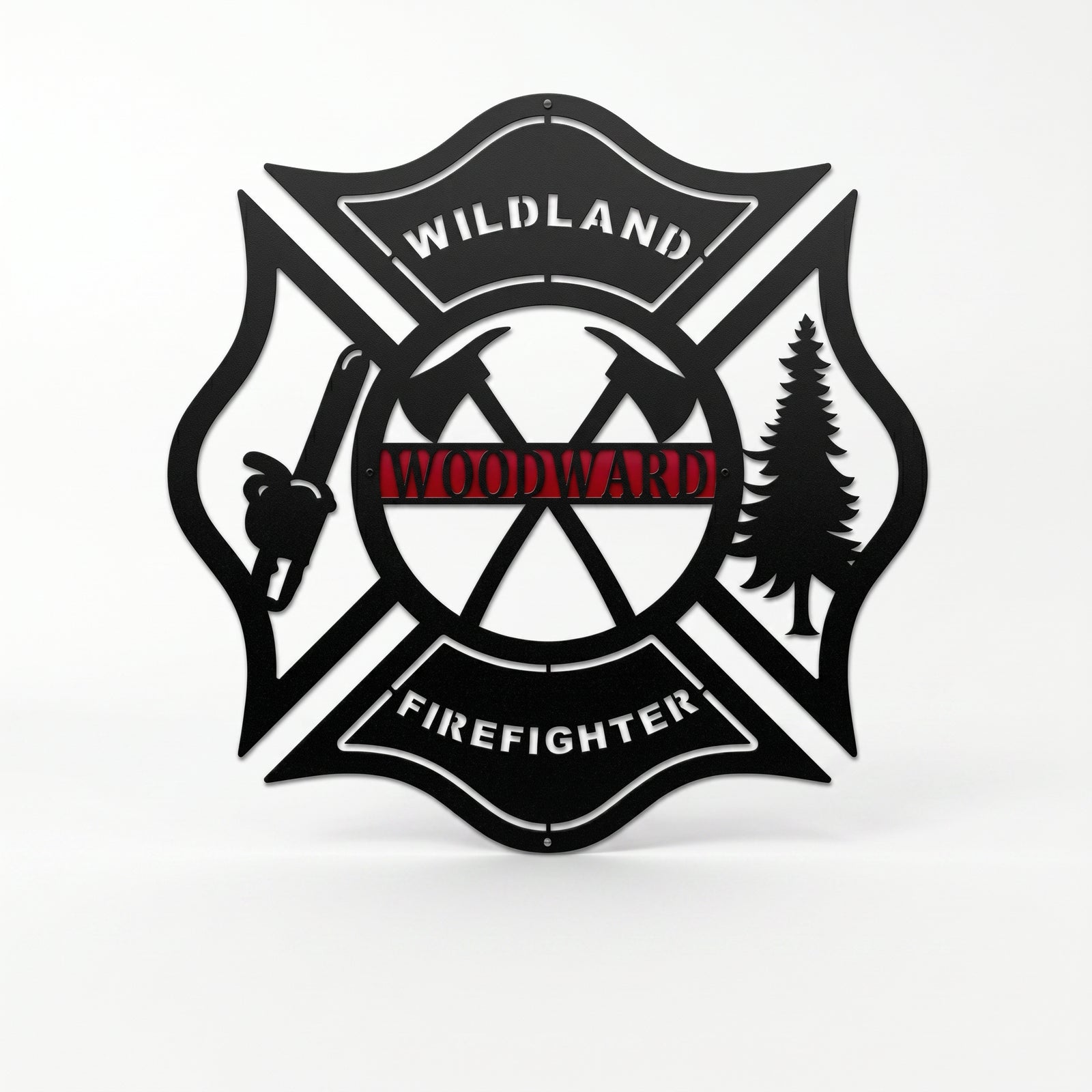 Black wildland firefighter metal sign with custom Woodward name and crossed firefighting tools on white background