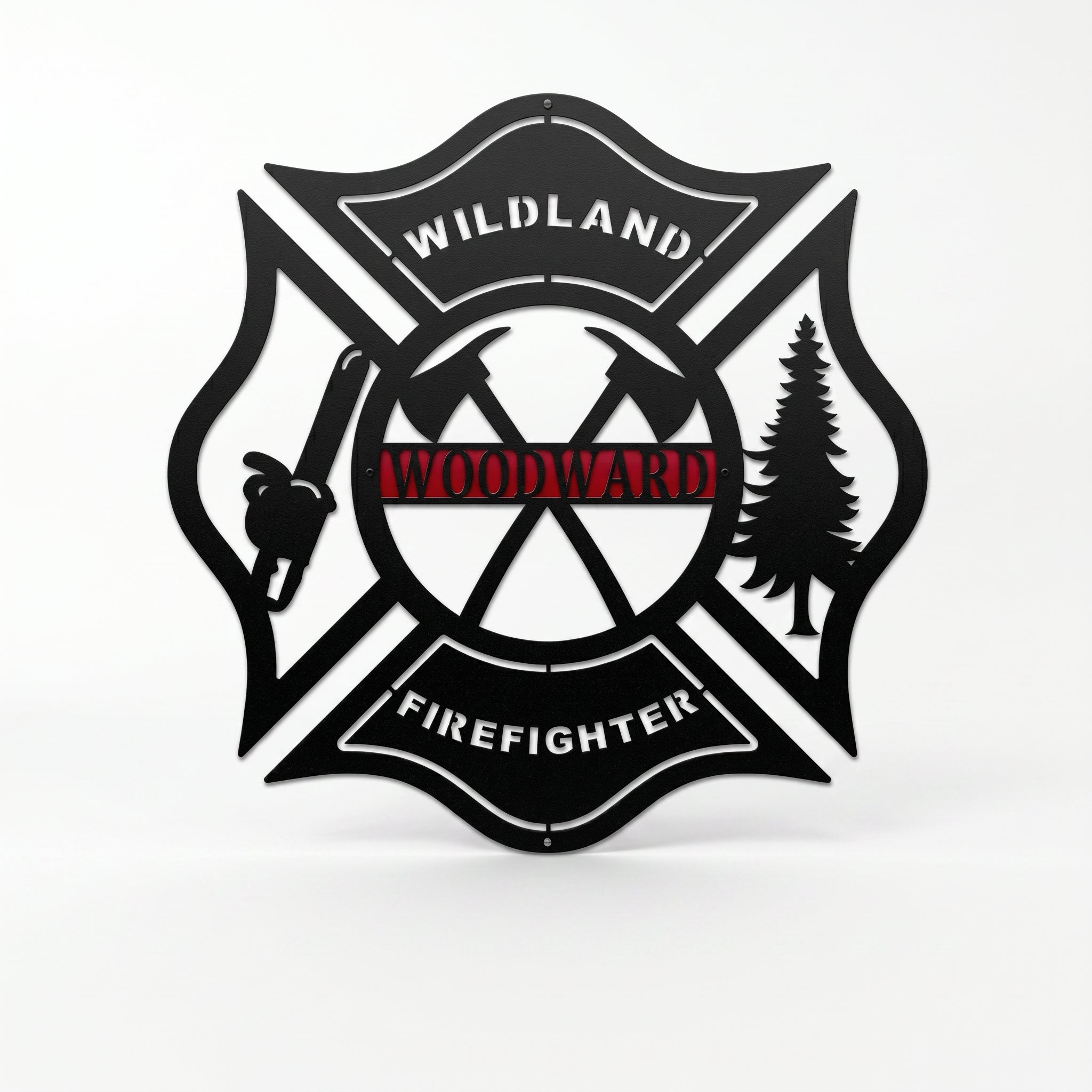 Black wildland firefighter metal sign with custom Woodward name and crossed firefighting tools on white background