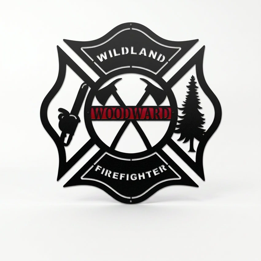 Black wildland firefighter metal sign with custom Woodward name and crossed firefighting tools on white background