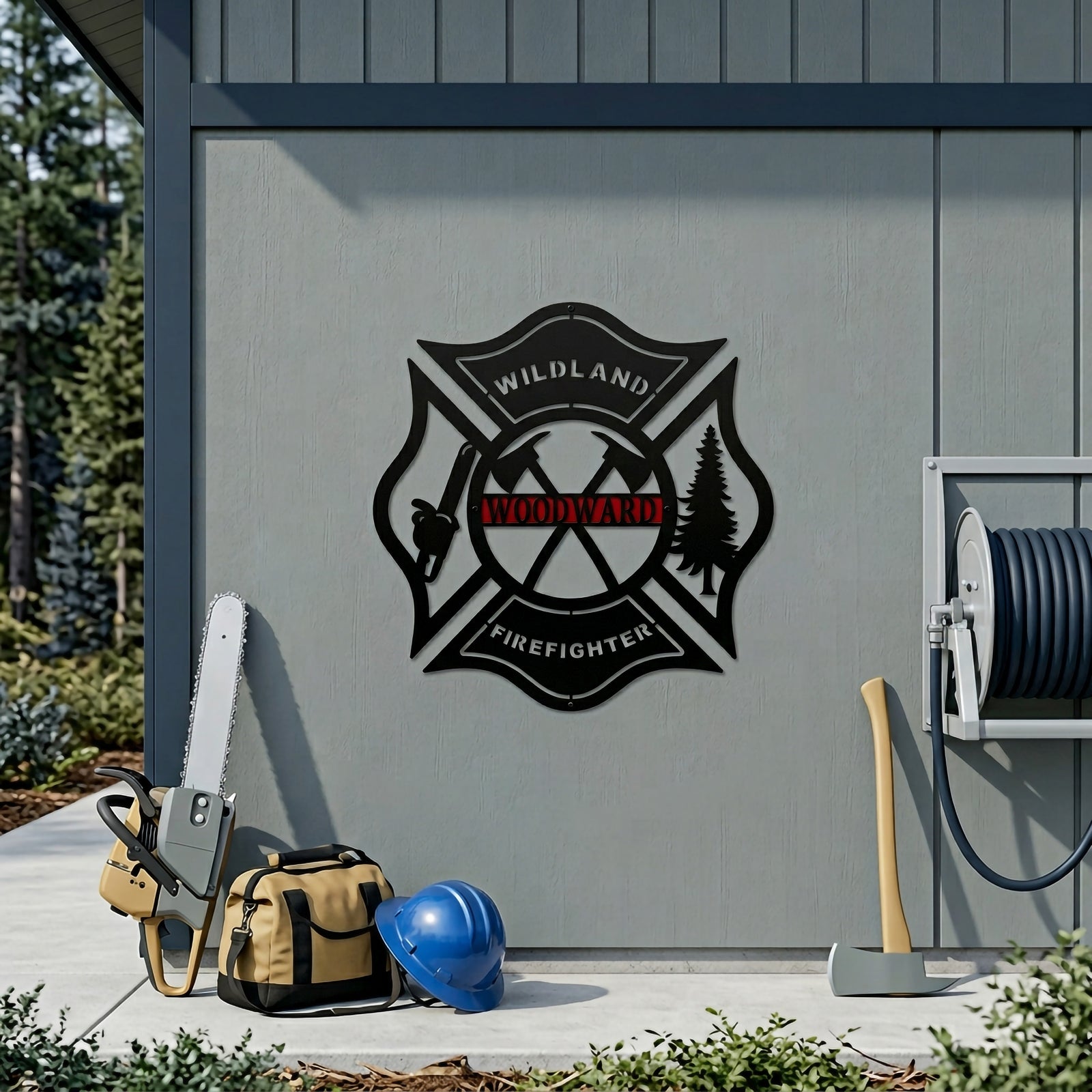 Wildland firefighter custom metal sign mounted on exterior wall beside chainsaw safety helmet and firefighting equipment