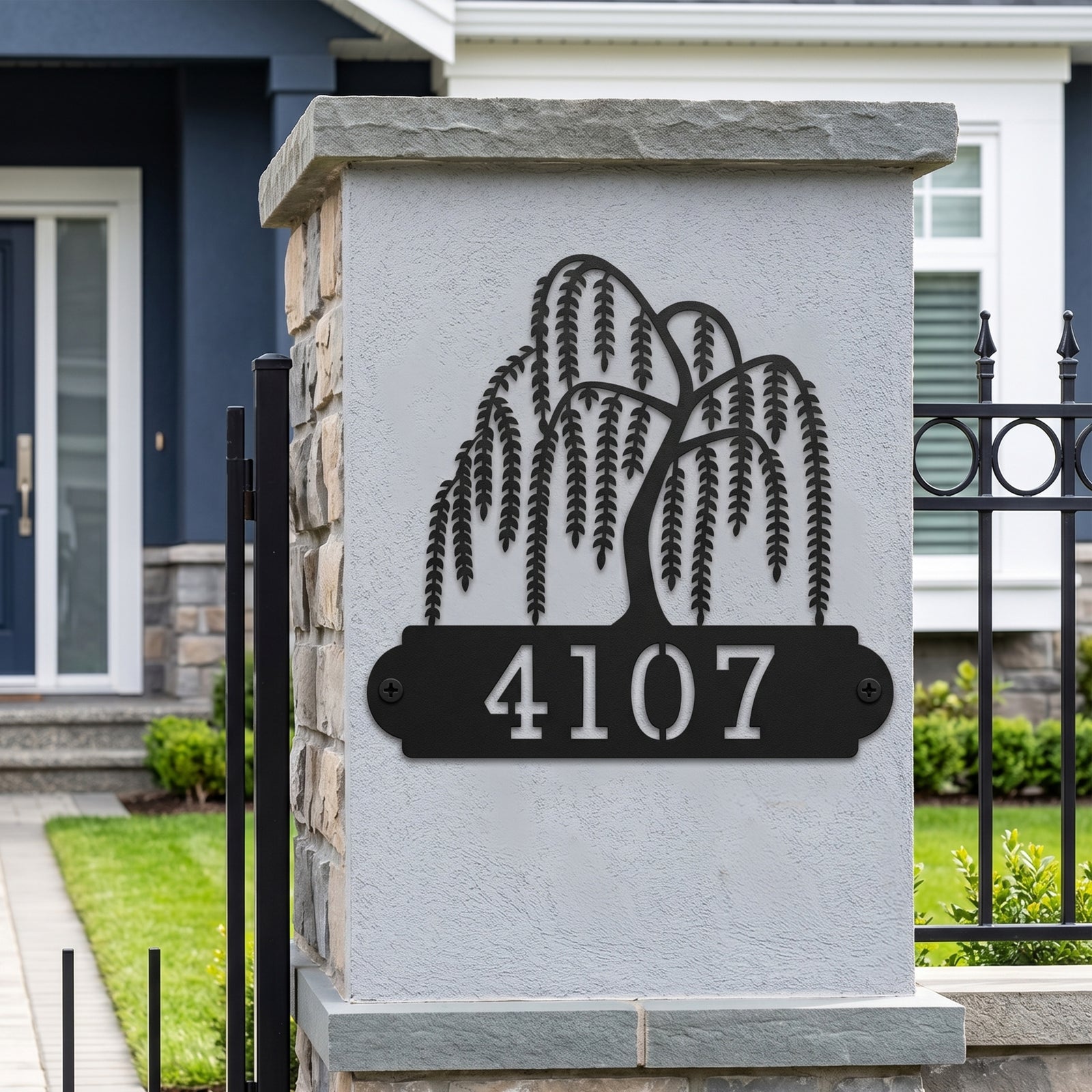 Decorative willow tree metal address plaque with custom house numbers for front porch and entryway décor