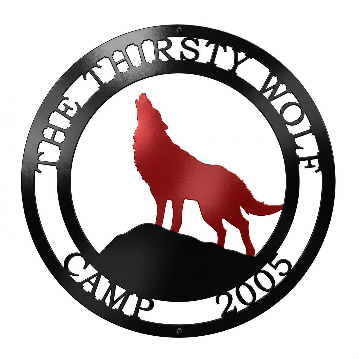 Custom wolf camp metal wall sign with red wolf silhouette and personalized family name on white background