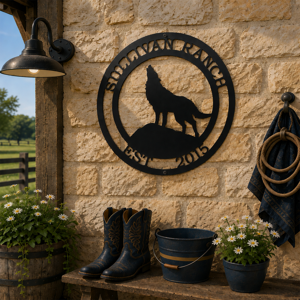 Black custom wolf ranch metal wall art with farmhouse decor outdoor stone wall and western style accents