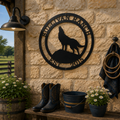 Black custom wolf ranch metal wall art with farmhouse decor outdoor stone wall and western style accents