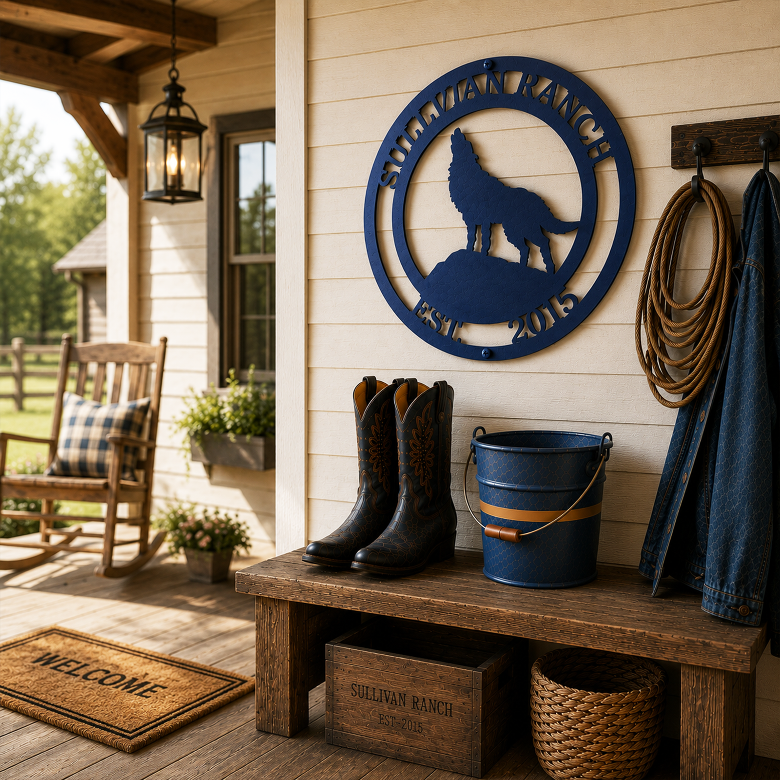 Blue custom wolf ranch metal sign with family name and established date displayed on rustic farmhouse porch wall decor