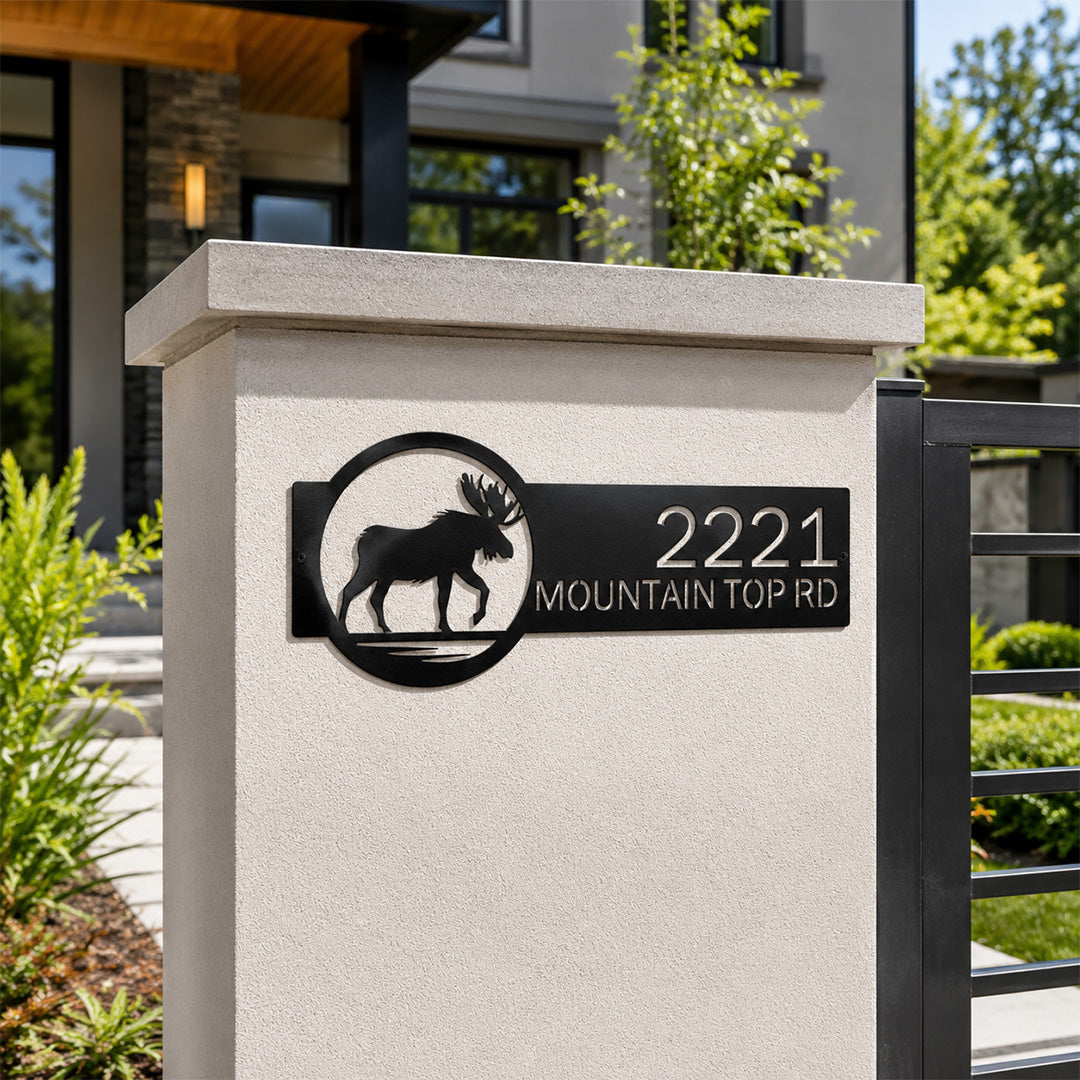 Letrero metálico personalizado de alce para cabaña rústica y decoración exterior