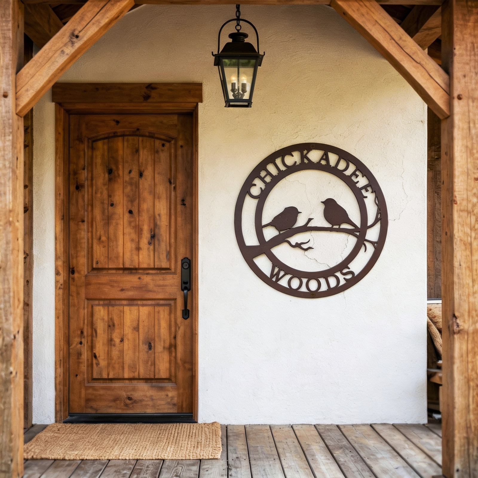 Personalized chickadee woods metal wall sign on rustic porch entryway