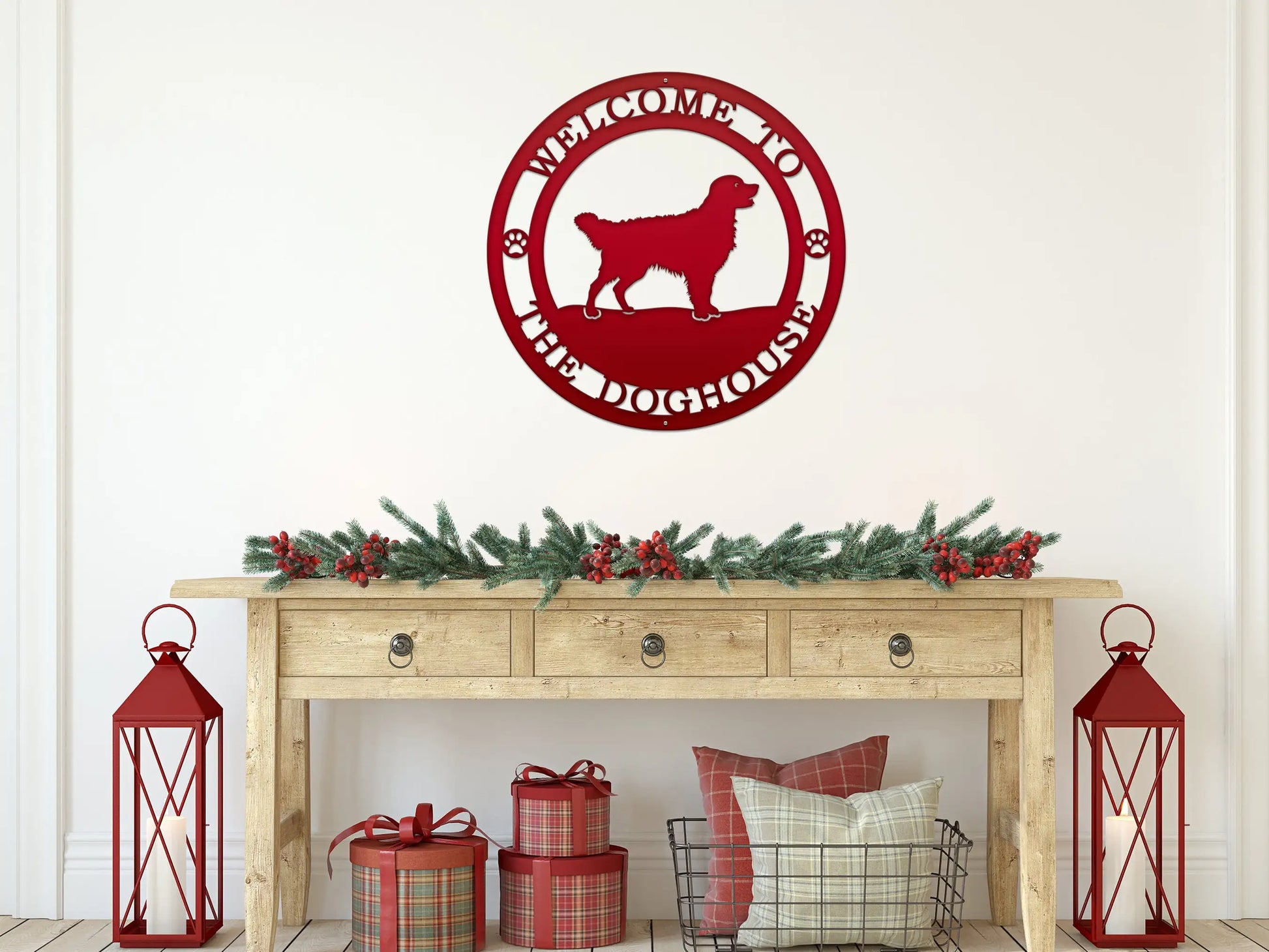 Pick Your Dog Breed Personalized Sign – Custom Metal House Numbers & Animal Name Sign, displayed on a table with presents, featuring a red dog silhouette on a white background.