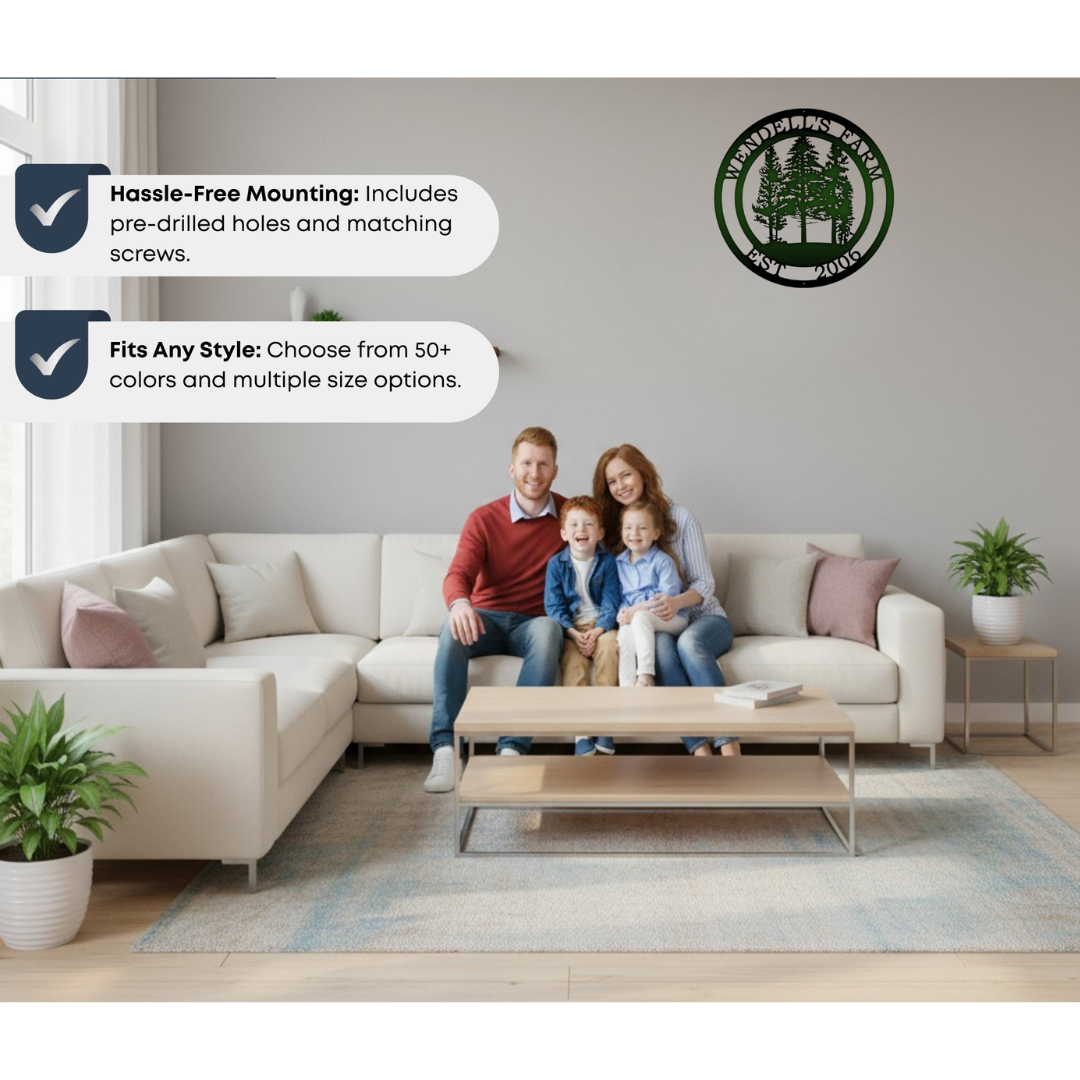 Personalized pine tree metal sign displayed in a family living room with hassle free mounting and multiple color options