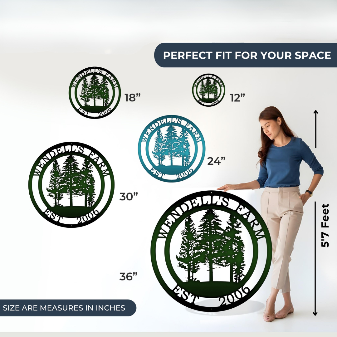 Pine tree metal wall art size guide showing 12 inch 18 inch 24 inch 30 inch and 36 inch options beside a 5 foot 7 model