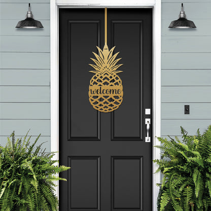 Welcome Pineapple Front Door Sign – Custom Door Sign, featuring a gold pineapple with WELCOME text, displayed on a black door, symbolizing hospitality and elegance for home décor and gifts.