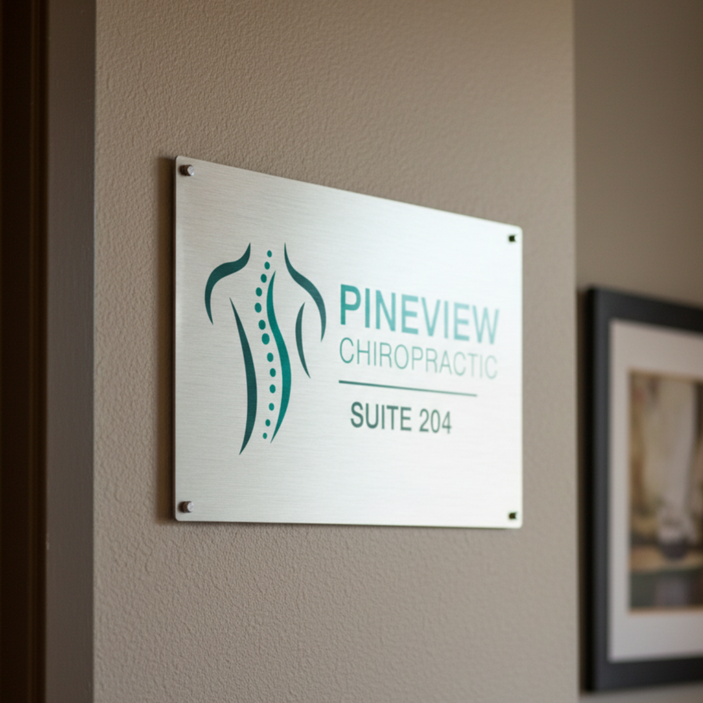 Custom brushed aluminum chiropractic office sign with standoff mounting displaying Pineview Chiropractic Suite 204 branding