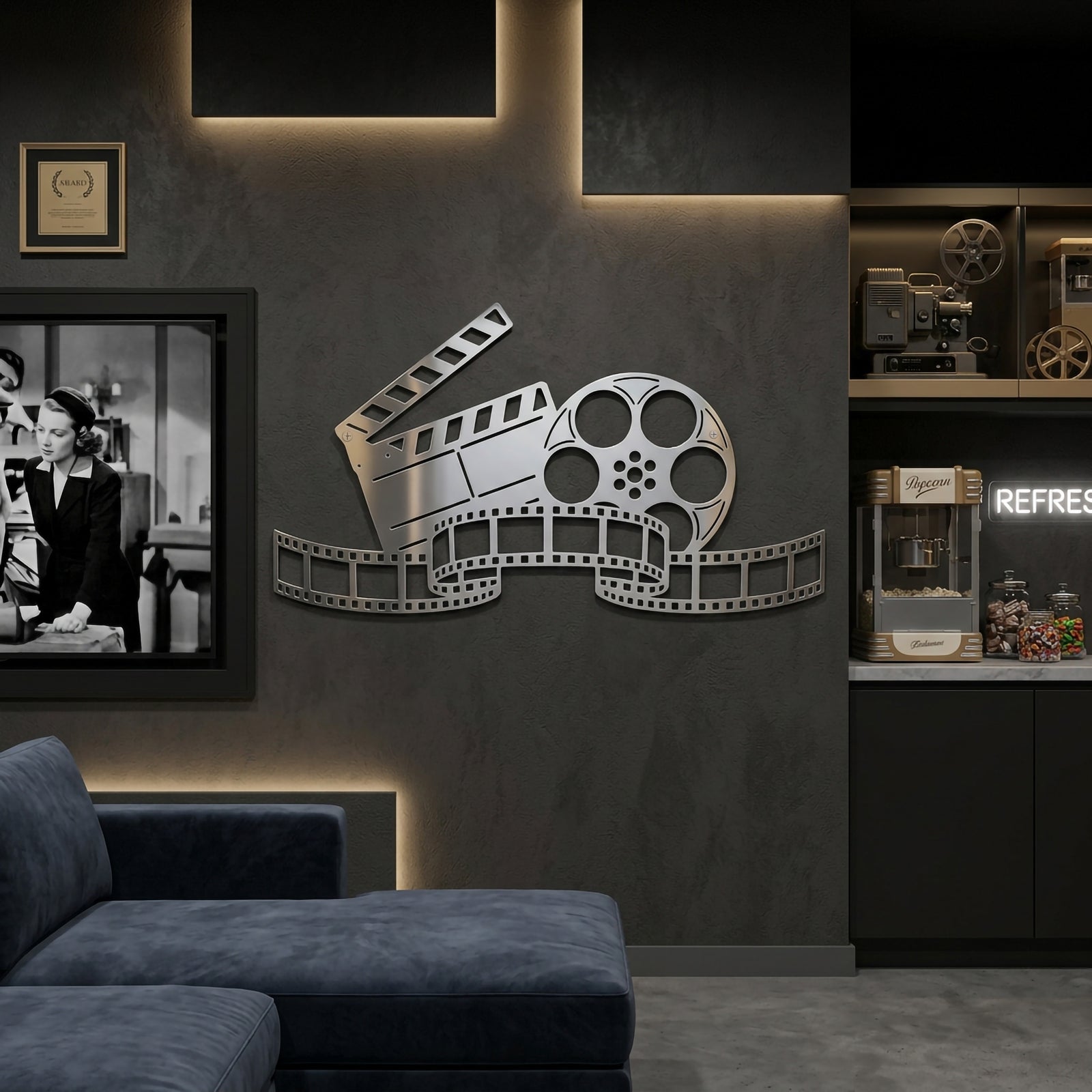 Polished chrome film reel and clapperboard wall sign mounted on a dark cinema room wall