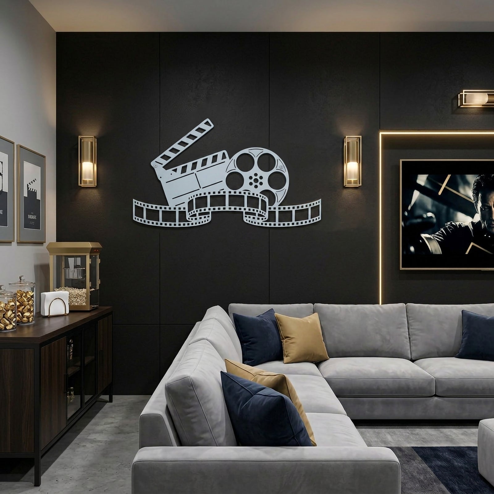Polished chrome movie reel and clapperboard metal wall art displayed in a modern home theater room