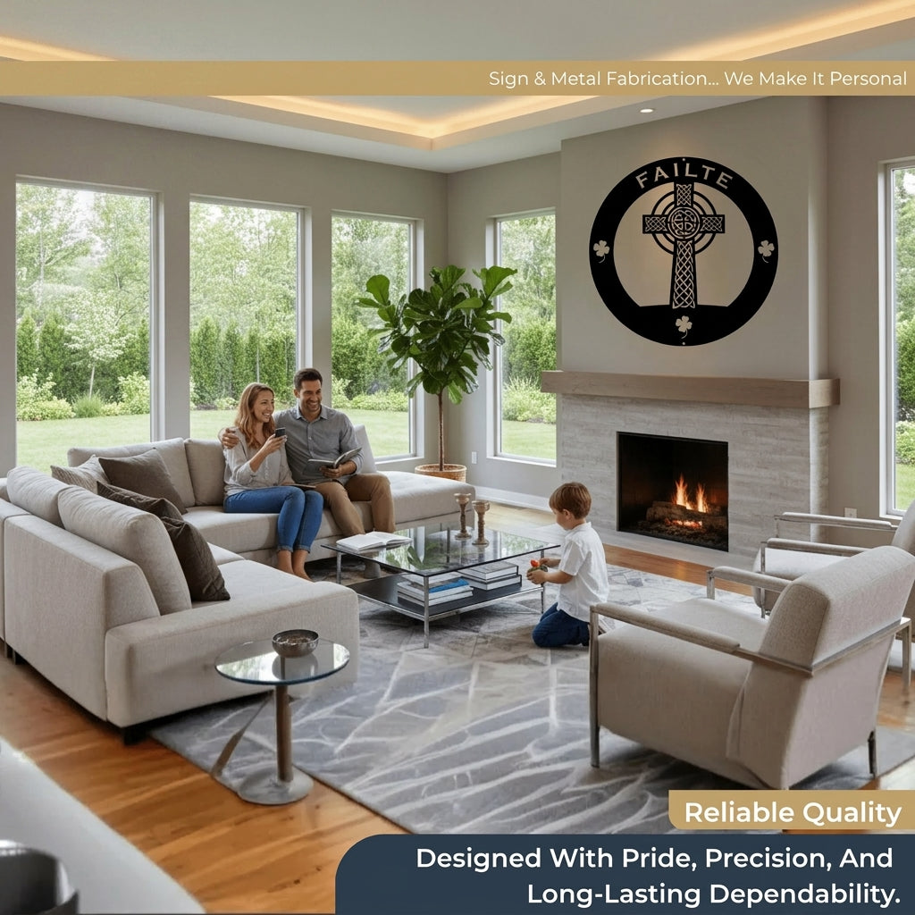 Decorative Celtic cross metal wall art showcased above fireplace in elegant family living room setting