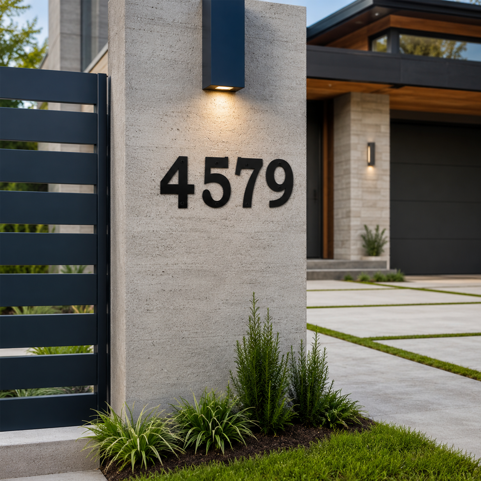 A bold black metal house numbers displaying "4579" are installed on a light-colored masonry pillar under a glowing accent light. A contemporary home exterior with a dark garage door, stone tile details, and a geometric concrete driveway is visible in the background.