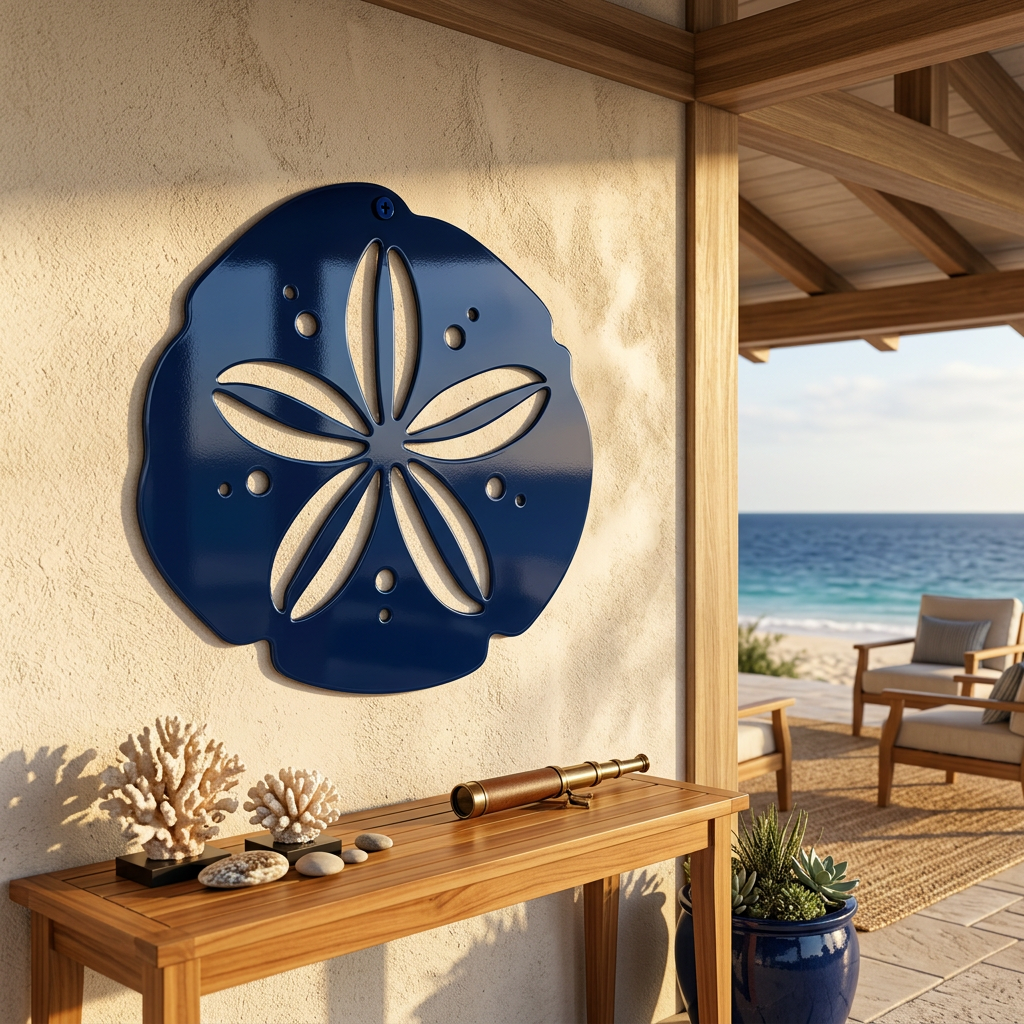 A glossy deep navy blue sand dollar metal plaque mounted on a beige wall above a wooden entryway table decorated with white coral, looking out toward an outdoor beach terrace.