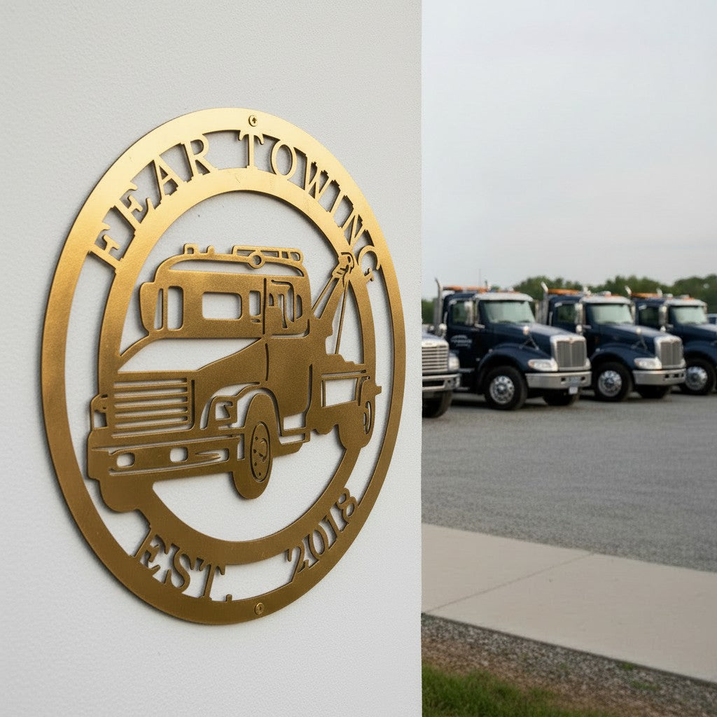Premium metallic gold finish of the personalized round metal tow truck sign mounted on a smooth white corridor pillar looking out onto an open asphalt parking lot with a row of blue trucks.