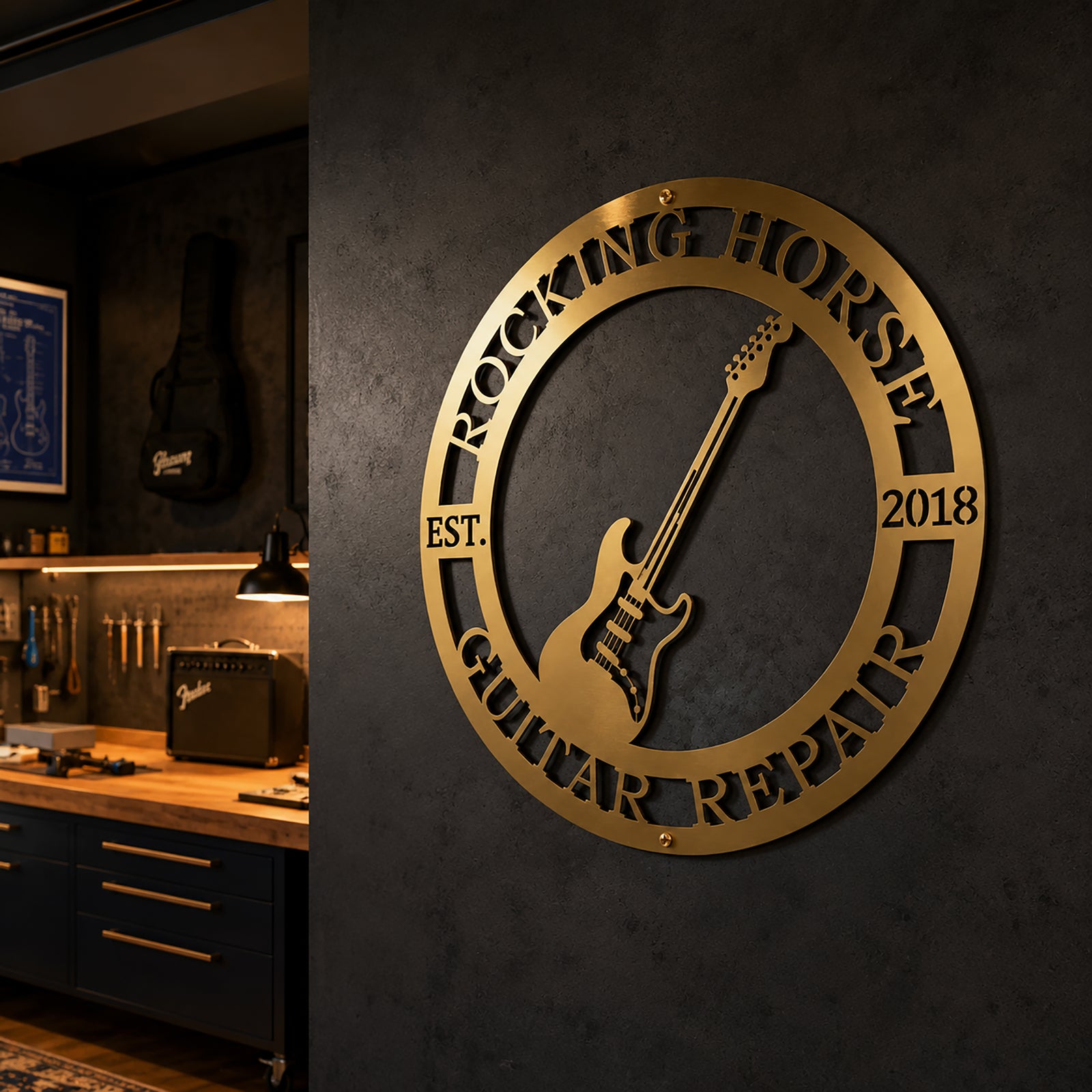 Luxury metallic gold finish of the personalized guitar repair metal wall art mounted on a dark textured accent wall inside a high-end music studio.