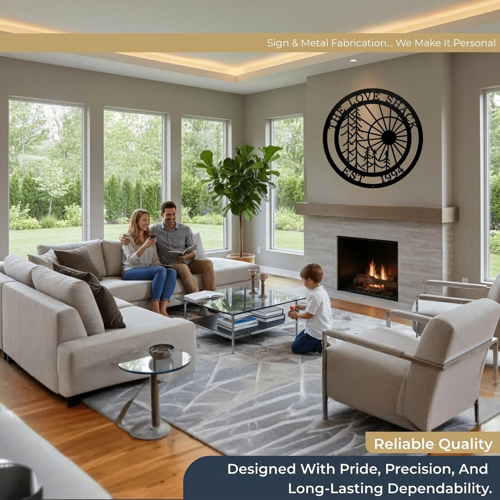 Custom tree and sun metal wall decor displayed in elegant living room showcasing durable precision crafted steel design