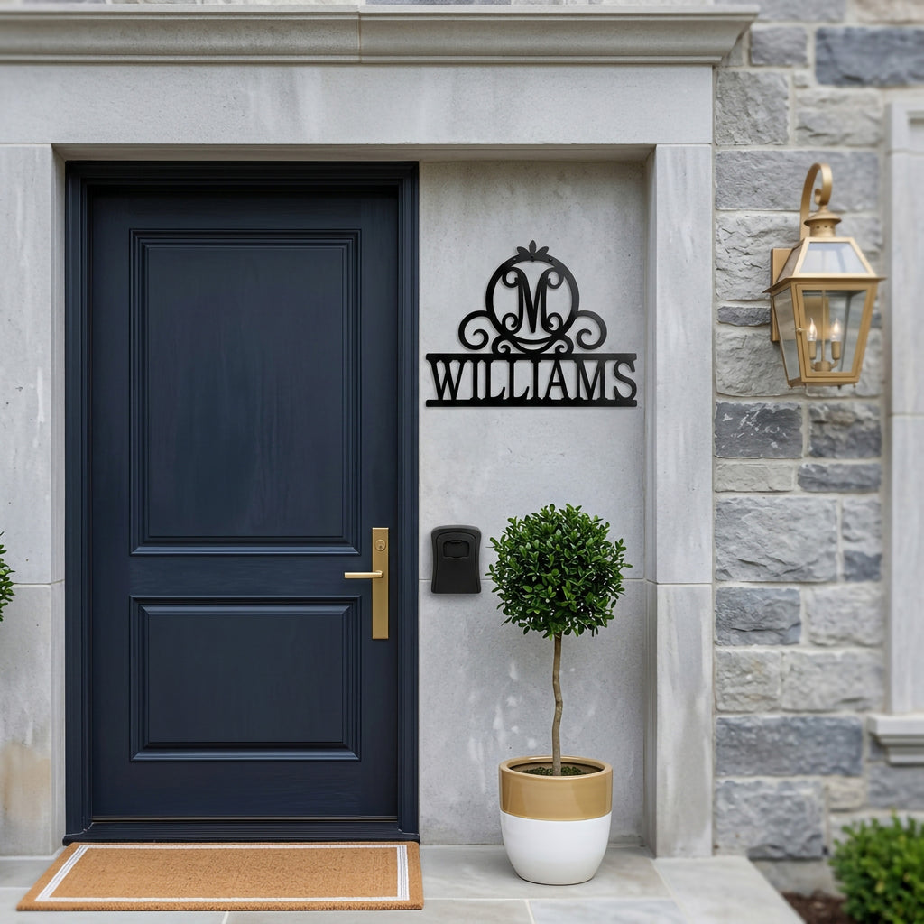 Personalized Williams metal name sign mounted beside a modern navy blue front door with stone exterior and decorative lantern